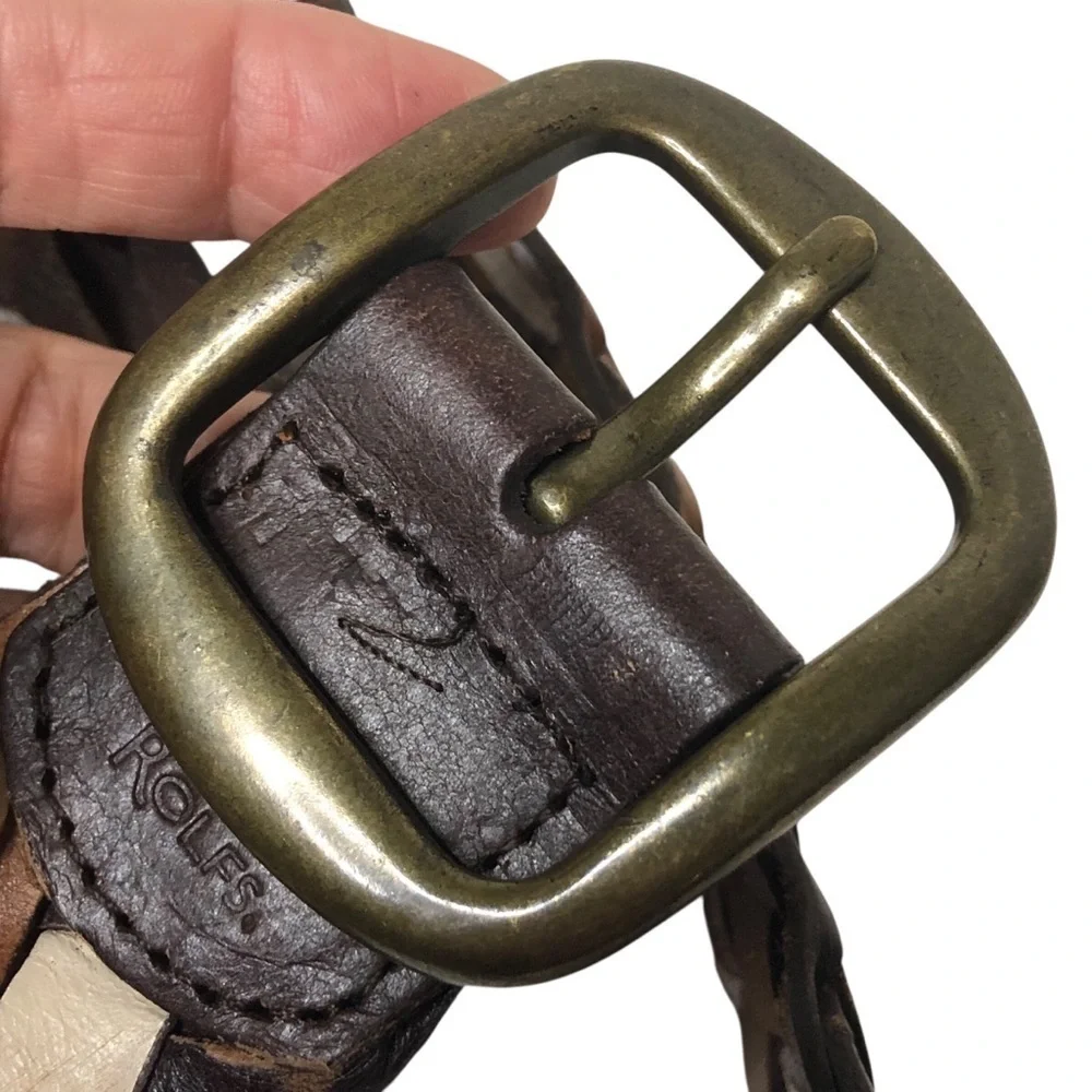 Y2K Rolfs Braided Wide Leather Belt XL Brown White Wide Boho Western Festival